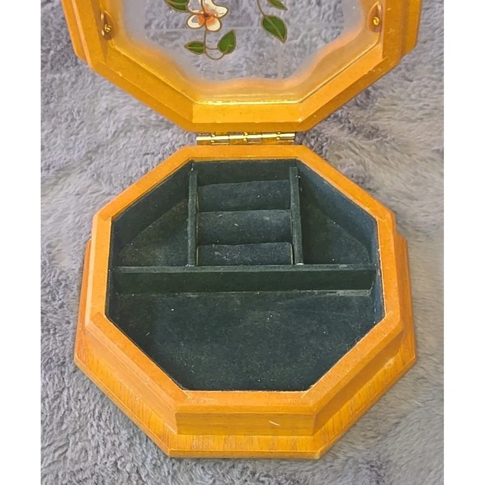 VTG Wooden Octagon Jewelry Box Floral Etched Glass Lid Mirror Inset Small 70s